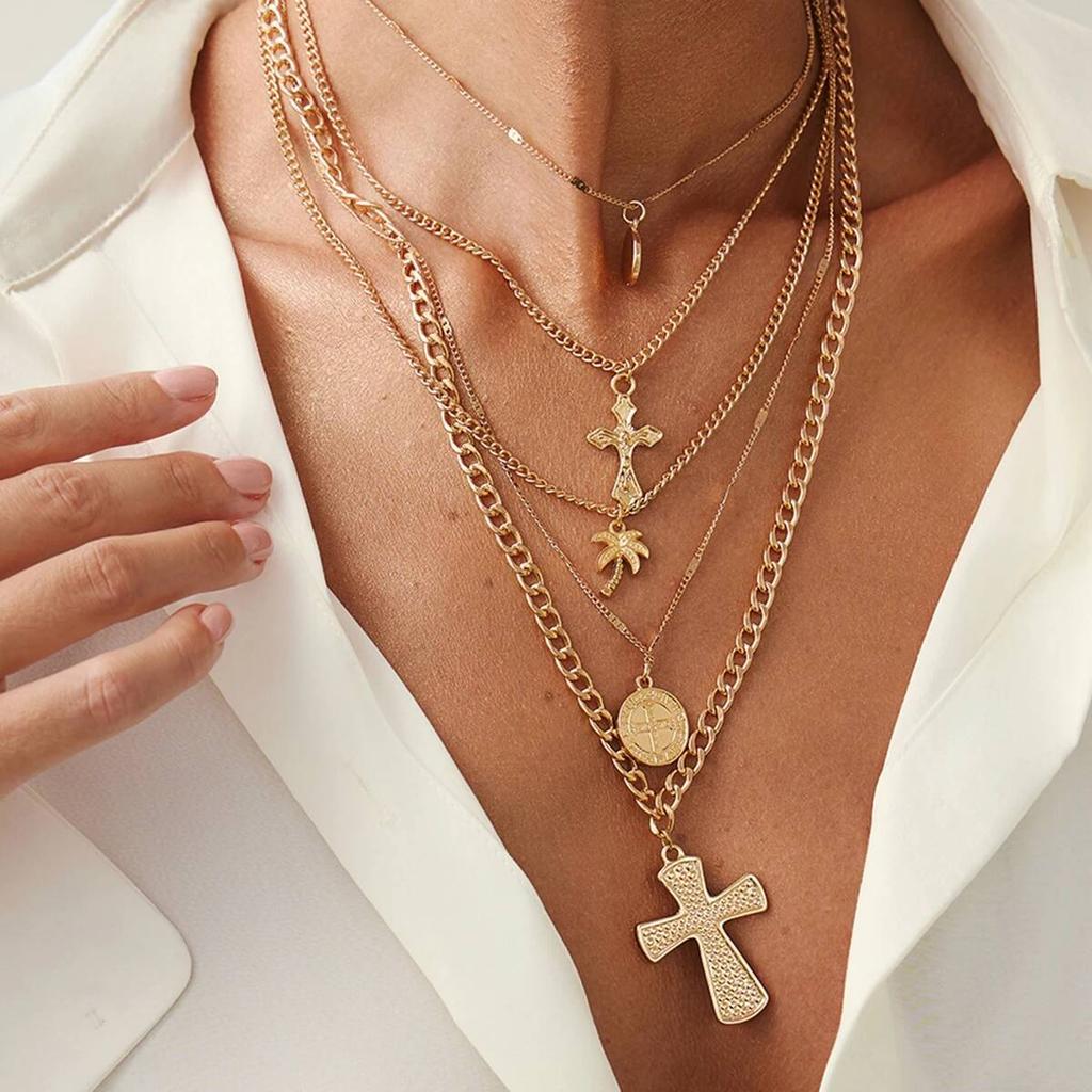 Ingemark 5Pcs/Set Goth Cross Coin Coconut Tree Pendant Choker Necklace for Women Men Vintage Adjustable Chain Daily Jewelry Gift