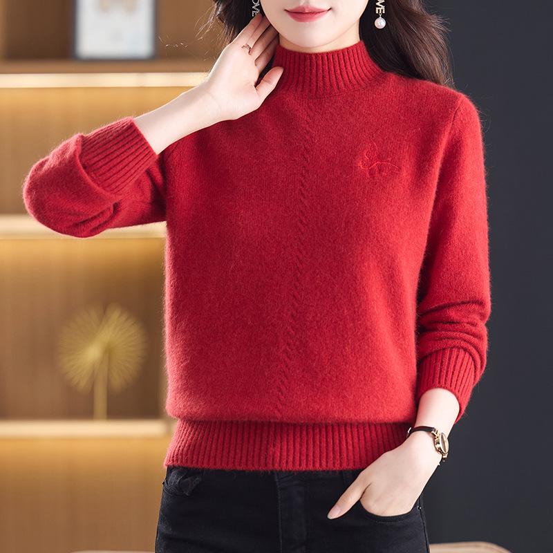Women's Warm Cashmere Sweater with Embroidered Half-High Collar - Autumn/Winter Fashion Base Layer