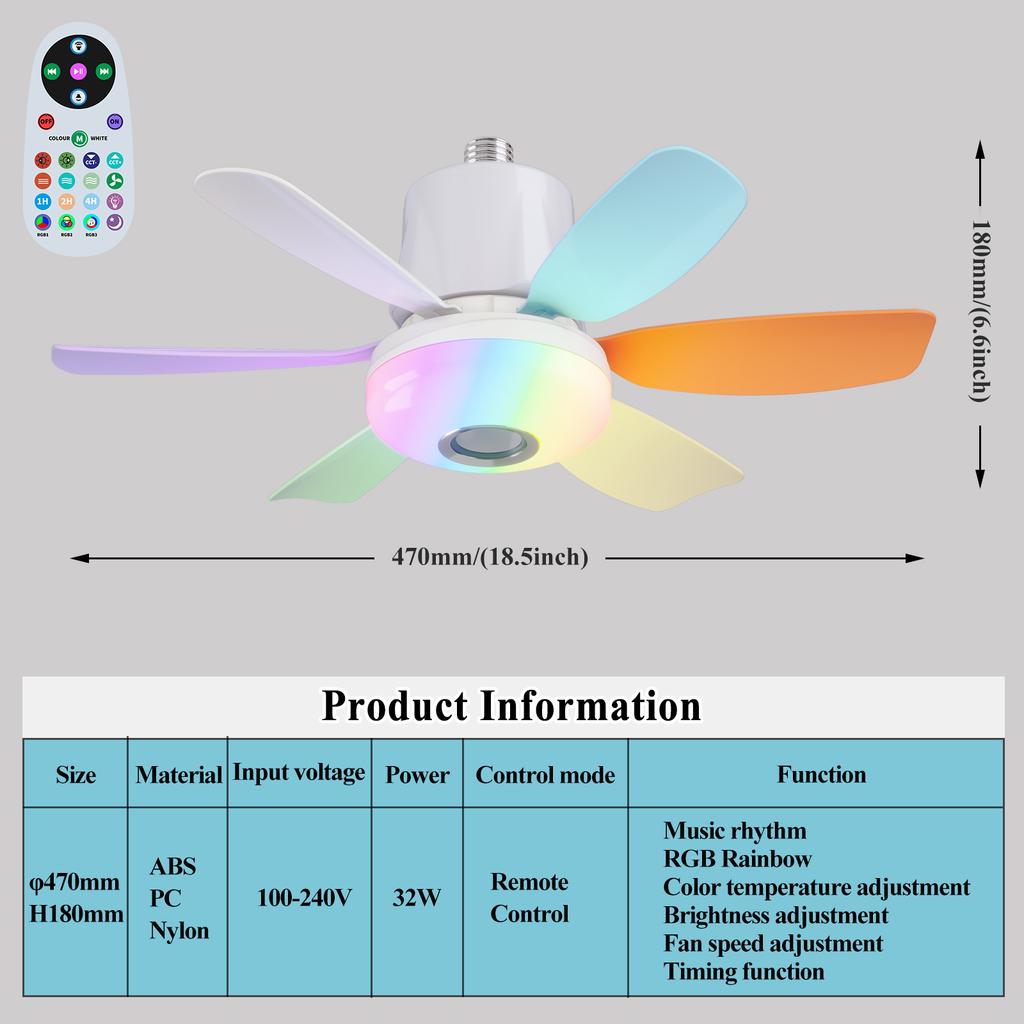Smart Rgb Rainbow Music Rhythm Speaker Led Ceiling Fan with Dimmable Light  Remote Control 3 Speeds Timer