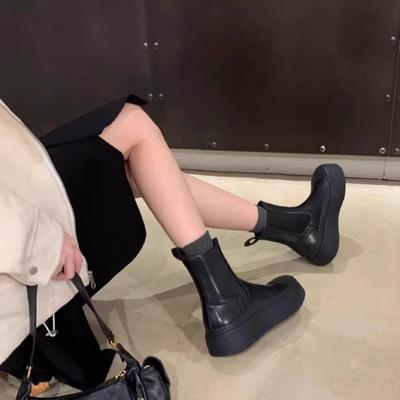 Cowhide Version~ Leather Thick-soled Chelsea Short Boots Women's Martin Boots Versatile Cigarette Motorcycle Boots Thin Boots