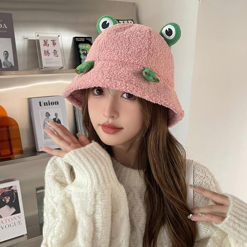 Fisherman Hat for Women In Autumn and Winter Outdoor Versatile Travel Warm Cartoon Hat Big Head Circumference Japanese Cute Frog Basin Hat