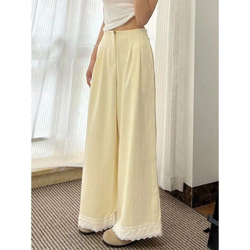 

Women s Dopamine Color Block Wide-Leg Pants - Light Yellow Lace Embroidered High Waist Suit Pants Small светло-желтого