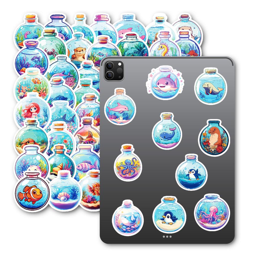 New 50 Round Bottles Underwater World Ins Creative Bottles Cute Cartoon Marine Animal Stickers Handbook Decoration