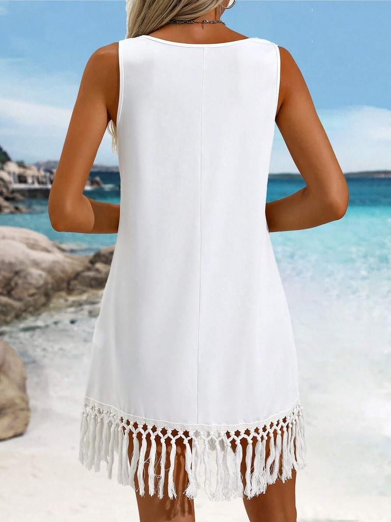 Women's Tassel Hem Sleeveless Dress - Solid Color, European & American Style