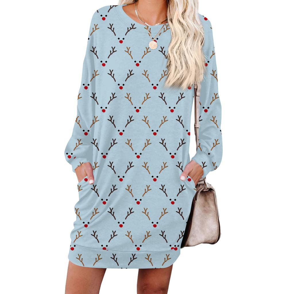 Damen Retro Bedrucktes Modisches Langarm Rundhals Taschenkleid