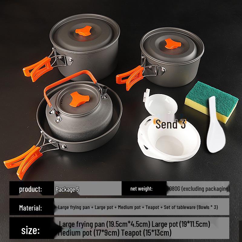 Portable Camping Cookware Set: Outdoor Pot, Cassette Stove, Hanging Pot, Picnic Tableware, and Cooking Utensils.