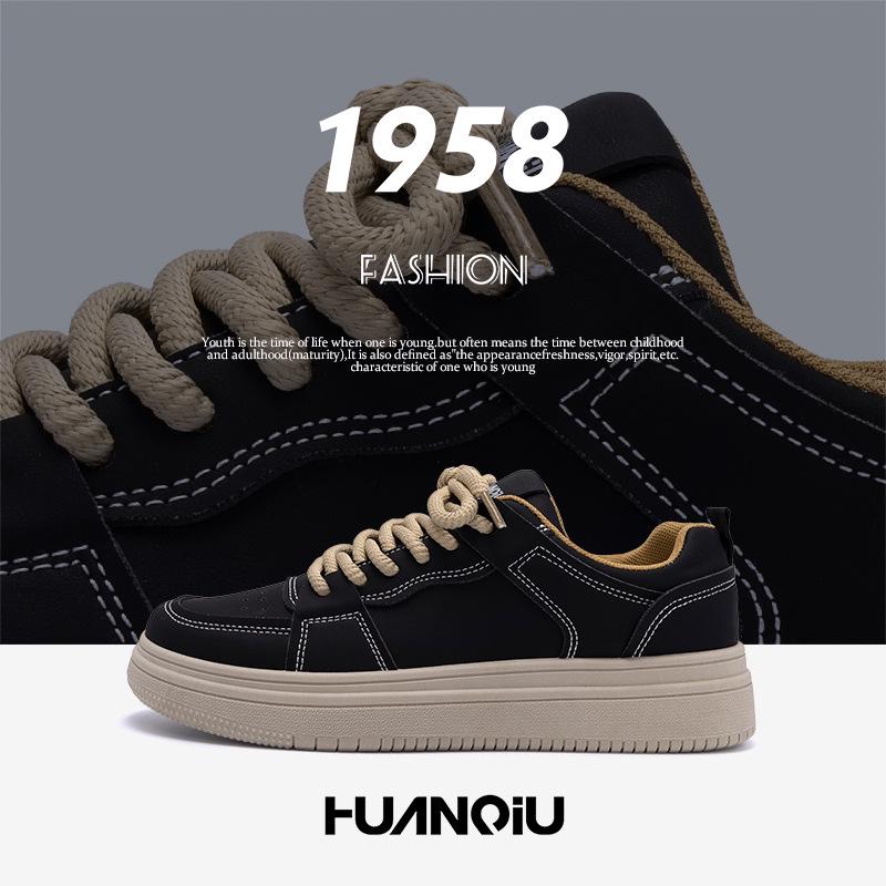 Men's Thick-Soled Height-Boost Sneakers - Trendy Retro Black Low-Top Sports Casual Shoes (ZHQ-ZL8963)