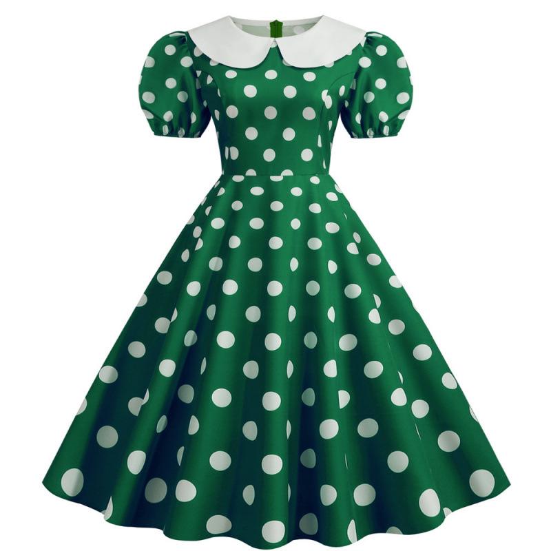 2022 Retro Polka Dot Doll Collar Short Sleeve Party Dress