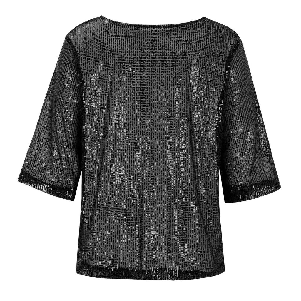 Women's Solid Color Sequined Round Neck Loose Casual Short Sleeve T-Shirt Top