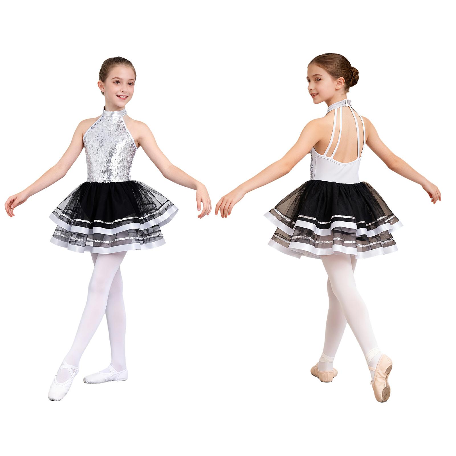 

Гимнастическое платье для девочек, блестящие платья для балета и танцев, юбка с открытой спиной, костюм балерины 3-4 Years серебряный