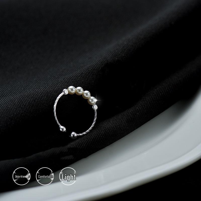 Bague ouverte vintage en argent S925 plaqué perle pour femmes