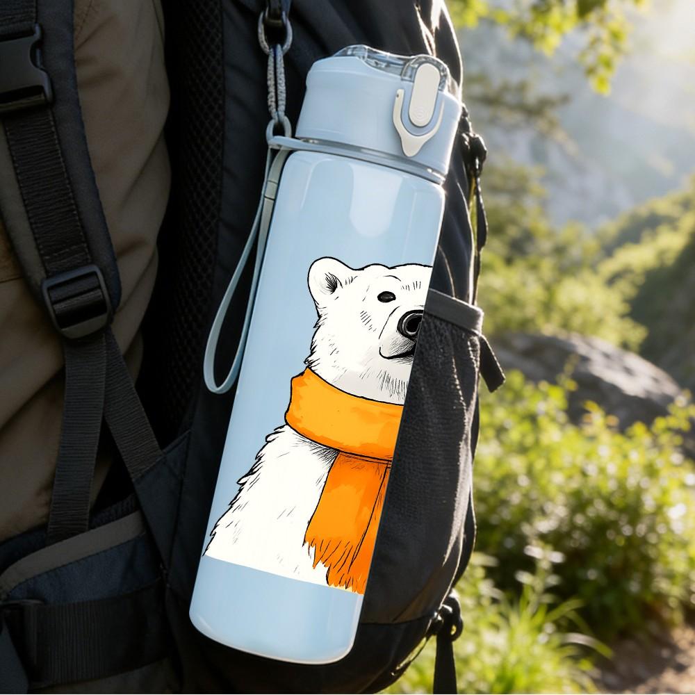 1PC Scarf Polar Bear Cartoon 750ml Color Plastic Sports Water Bottle Leakproof Flip Straw Lid Suitable for Sports Office Home Use