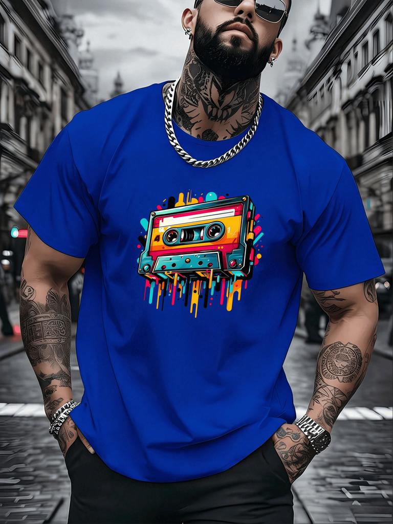 Unisexs Crew Neck Graffiti Drip Cassette Tape Graphic Print Short Sleeve Cotton Tee Casual Summer Streetwear Loose Daily Wear Top