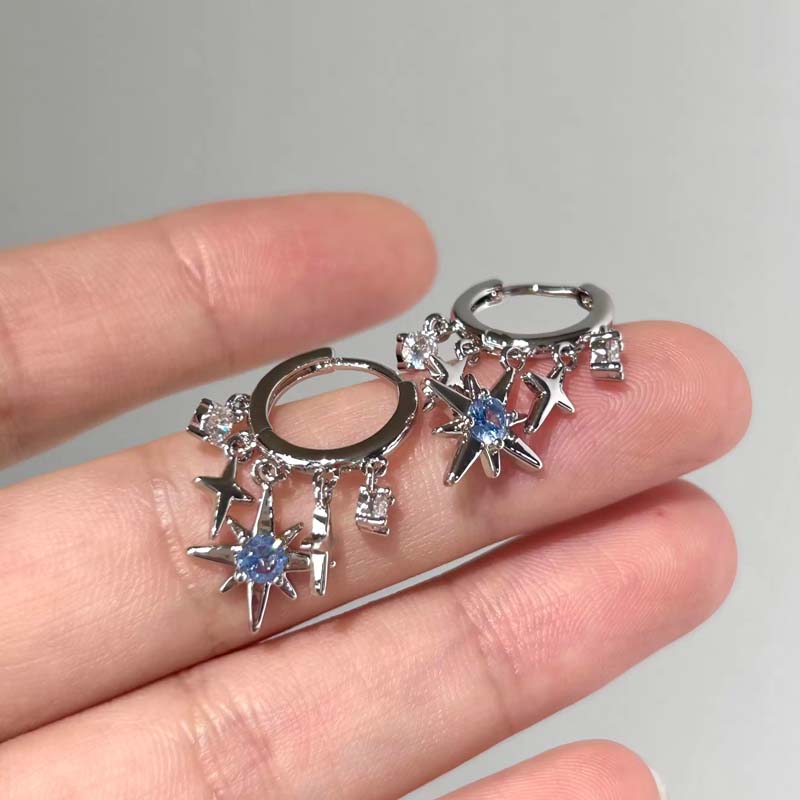 Y2K Blue Zircon Eight-Pointed Star Pendant Earrings For Women  Color Star Tassel Ear Buckle Minimalist Design Jewelry Gift