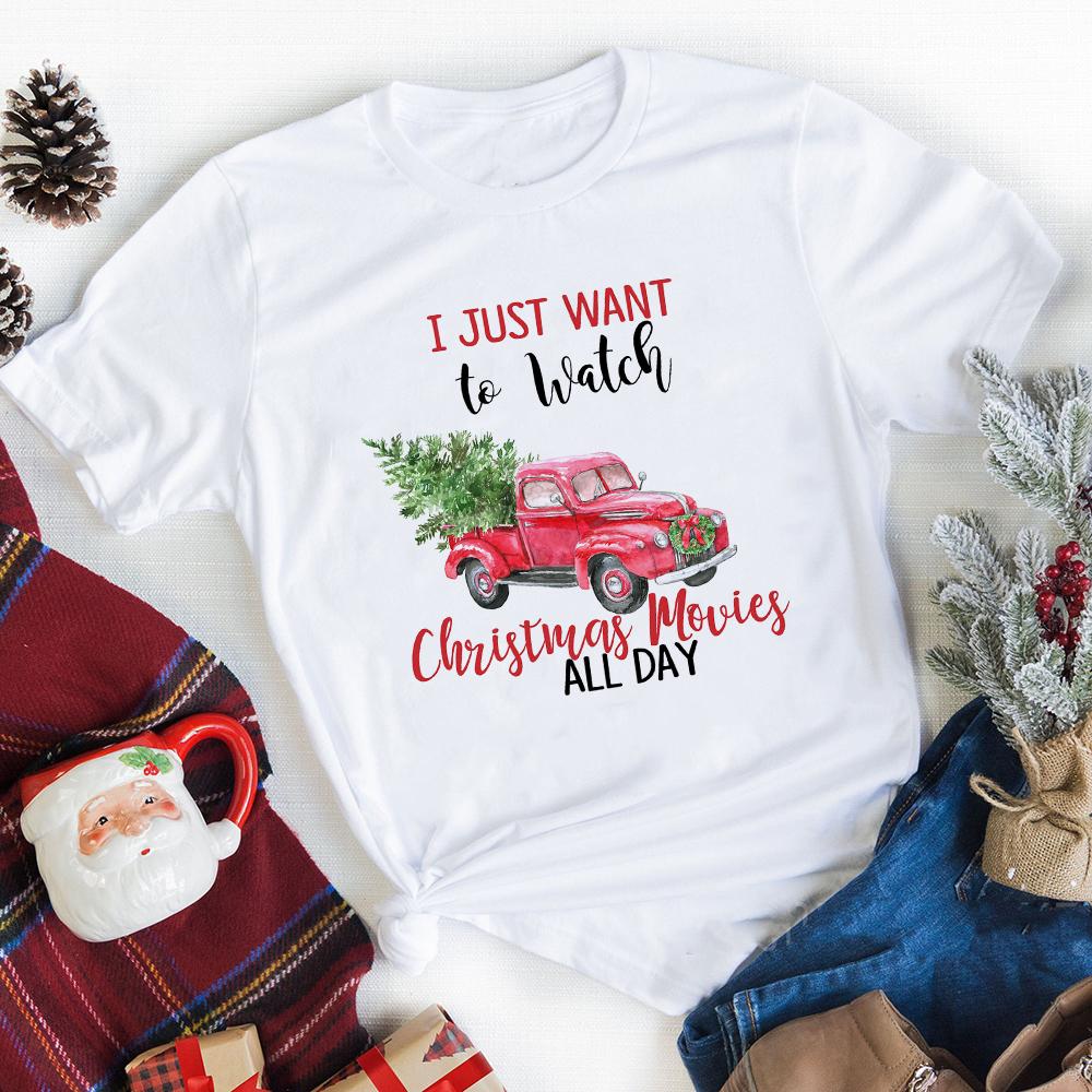 Merry Christmas Plaid Tree Printed T Shirt Fashion Graphic Women Top Tshirt Female Kawaii Tee Ladies