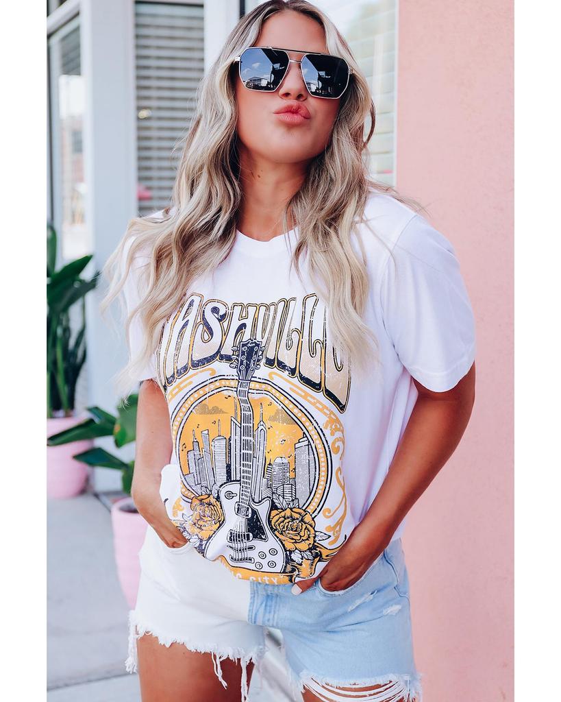 Azura Exchange Nashville Guitar Floral Print T-Shirt
