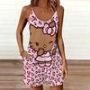 Womens Sleeveless Spaghetti Strap Romper Cartoon Cat Print Pocket Short Jumpsuit