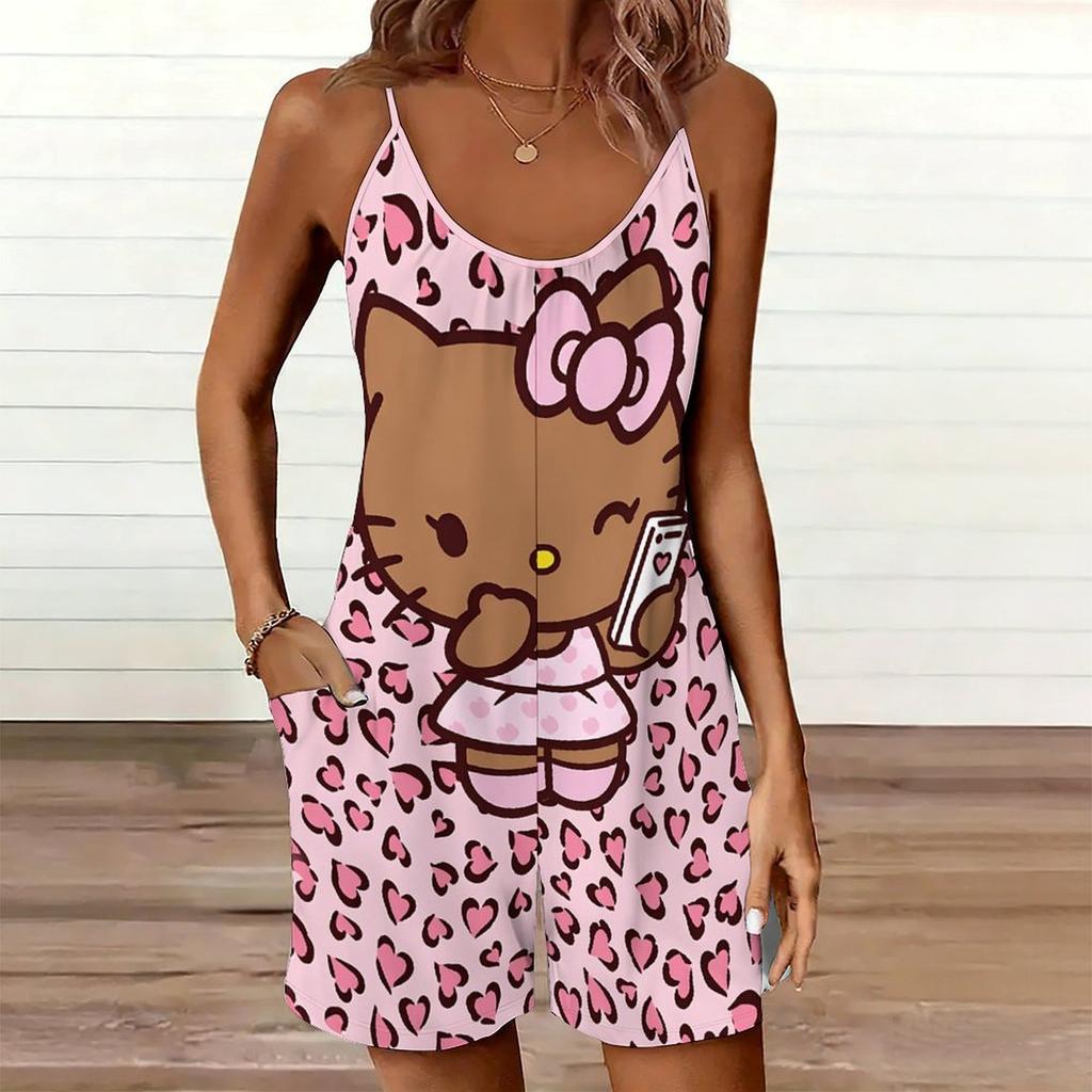 Womens Sleeveless Spaghetti Strap Romper Cartoon Cat Print Pocket Short Jumpsuit