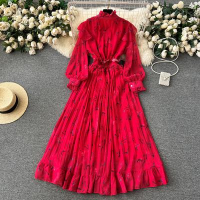 Herbst Frauen Vintage Gedruckt Plissee Lange Kleid Weibliche Rot/Grün/Blau/Gelb Drapierte Rüschen Einreiher Maxi Robe Urlaub kleider