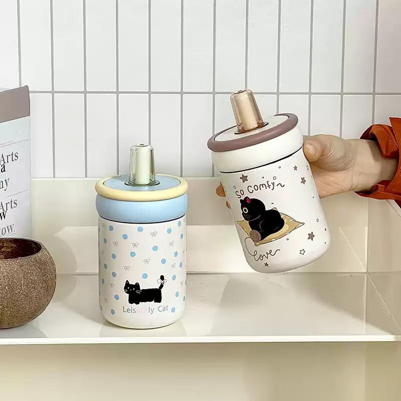 Cute Black Cat Portable Stainless Steel Straw Thermos Cup