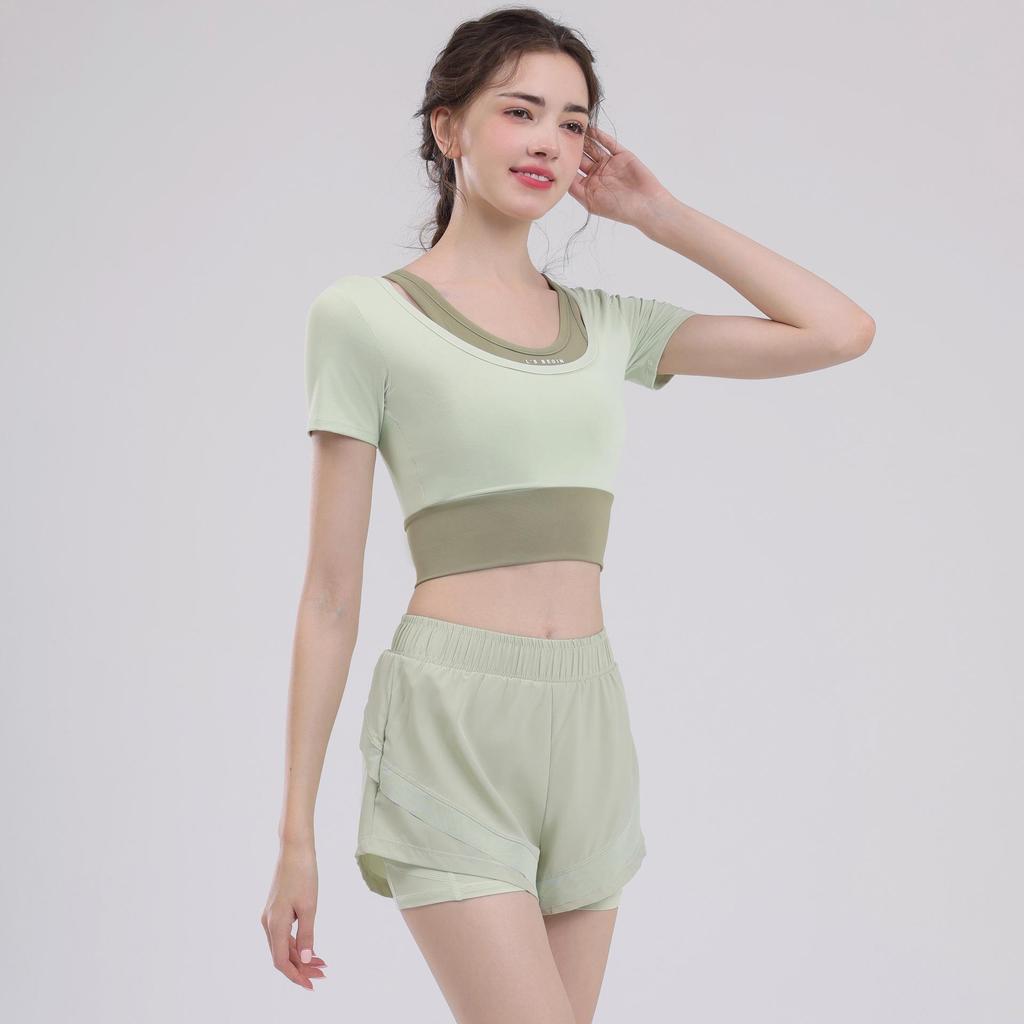 Women's Short Sleeve Yoga Set: Summer Style Workout Top with Chest Pad for Pilates, Training, and Running.