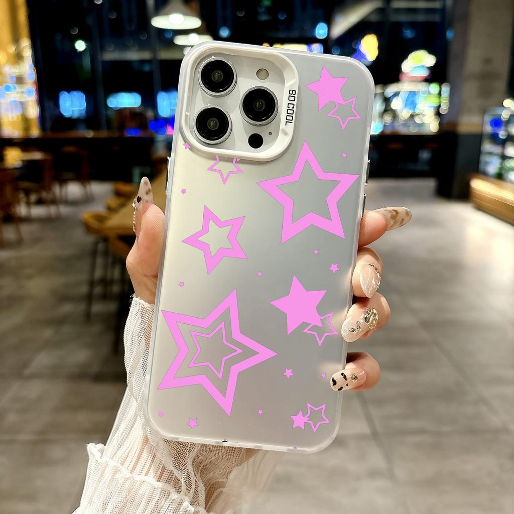 Color Phone Case For iPhone 17 16E 16 11 15 14 Pro MAX 12 13 MINI 7 8 Plus XR SE Silver IMD Cover Protection Style Stars Pattern