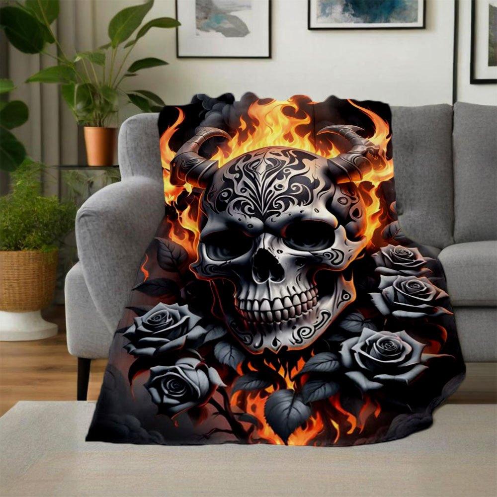 "Flaming Devil Skull with Roses Wall Art Print"Blanket Flannel Throw Blanket for Sofa, Bed, Travel, Camping, Office, Couch, Chair, And Bed G