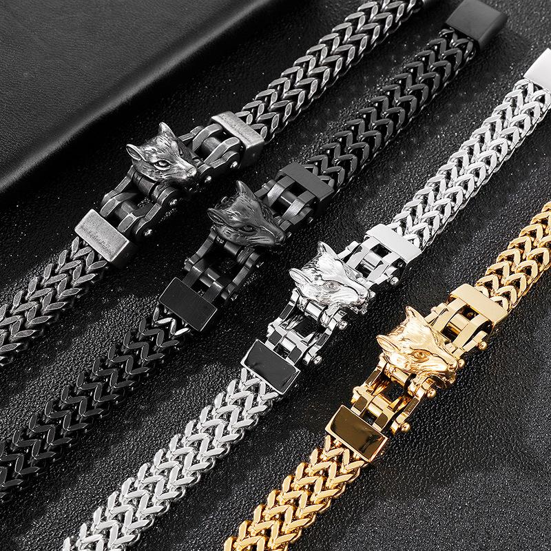 12mm Punk Gold Color Viking Wolf Bracelet Men Hiphop Black Stainless Steel Biker Bike Double Mesh Chain Bangle Jewelry Wristband