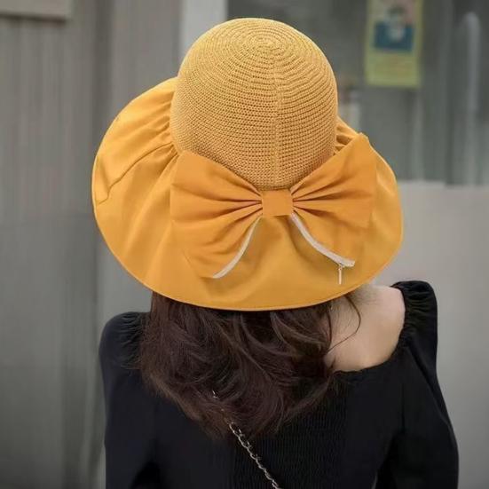 Bucket Hat Bow Decor Sun Protection Large Ruffled Brim Beach Hat Breathable Hollow Woven Top Foldable Travel Hat