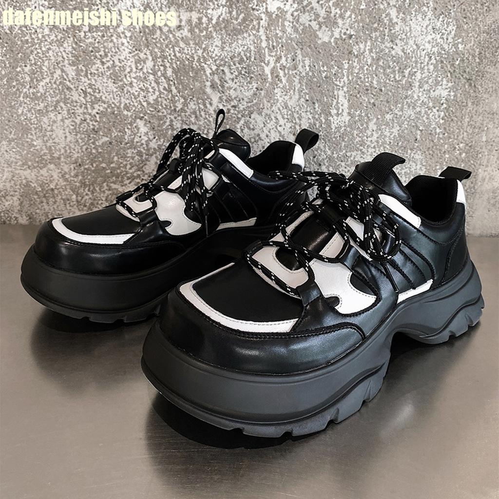 2025 New Thick Sole Daddy Shoes Men's Heightened Wide Toe Leather Clunck Sneaker Black/white Mixed Color Lace Up Casual Shoes