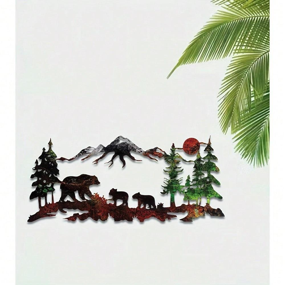 1pc Laser Cut Metal Bear Forest Wall Art, UV Print, Home Decor, Indoor Outdoor Iron Sculpture