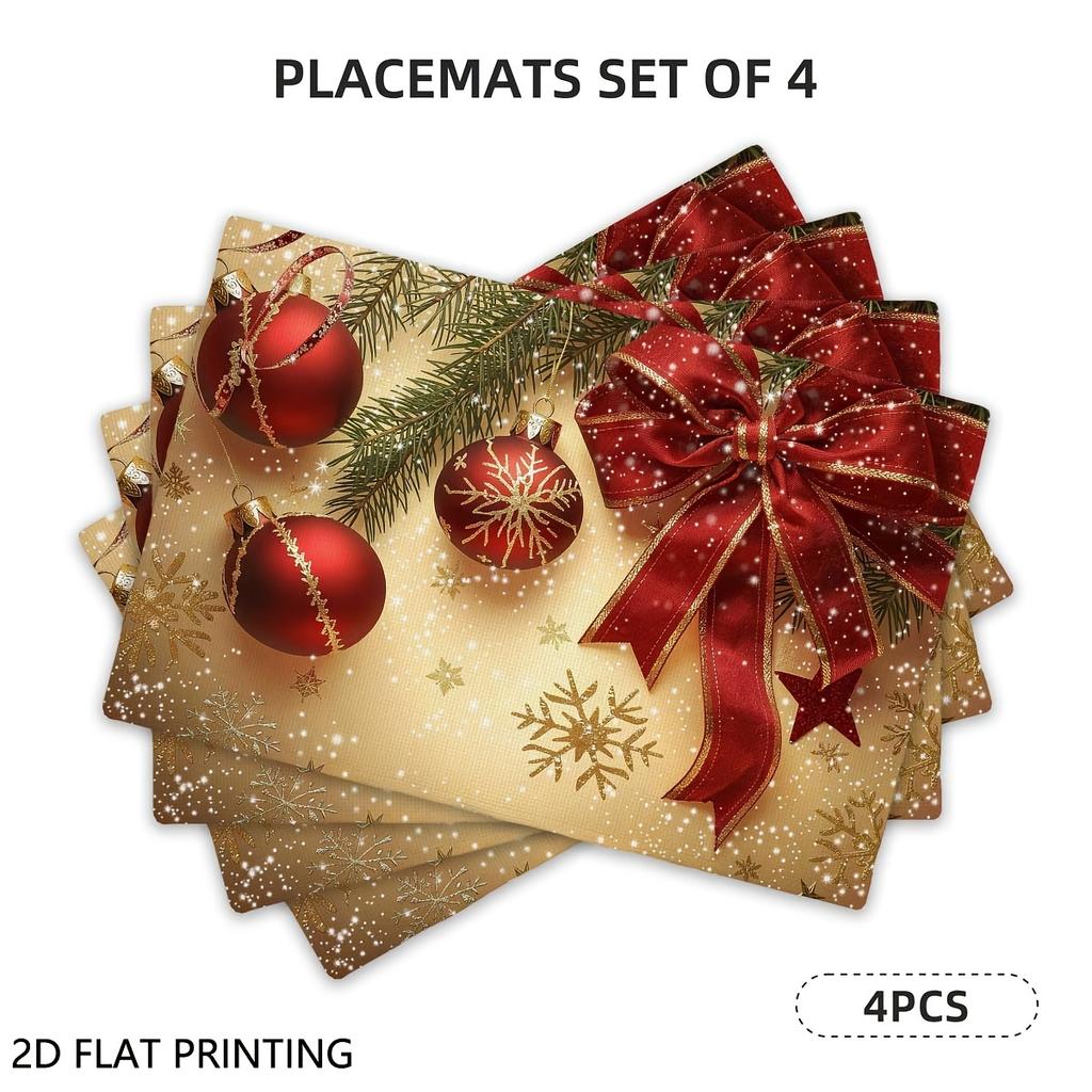 4pcs/6pcs, Christmas Bow Bauble Xmas Placemats, Table Mats for Kitchen, Home Decoration, Suitable for Daily Holiday Kitchen Banquet Party Table Decora