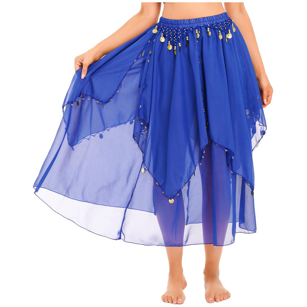 Ladies Sequin Beaded Belly Dance Skirt Chiffon Fabric Elastic Waistband Performance Costume Practice Dancewear