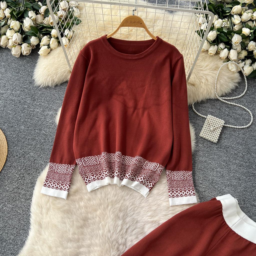Autumn Winter Women Vintage Jacquard Knitted Sweater Trouser Two Piece Set Full Sleeve Pullover Tops and Wide Leg Pant Tracksuit
