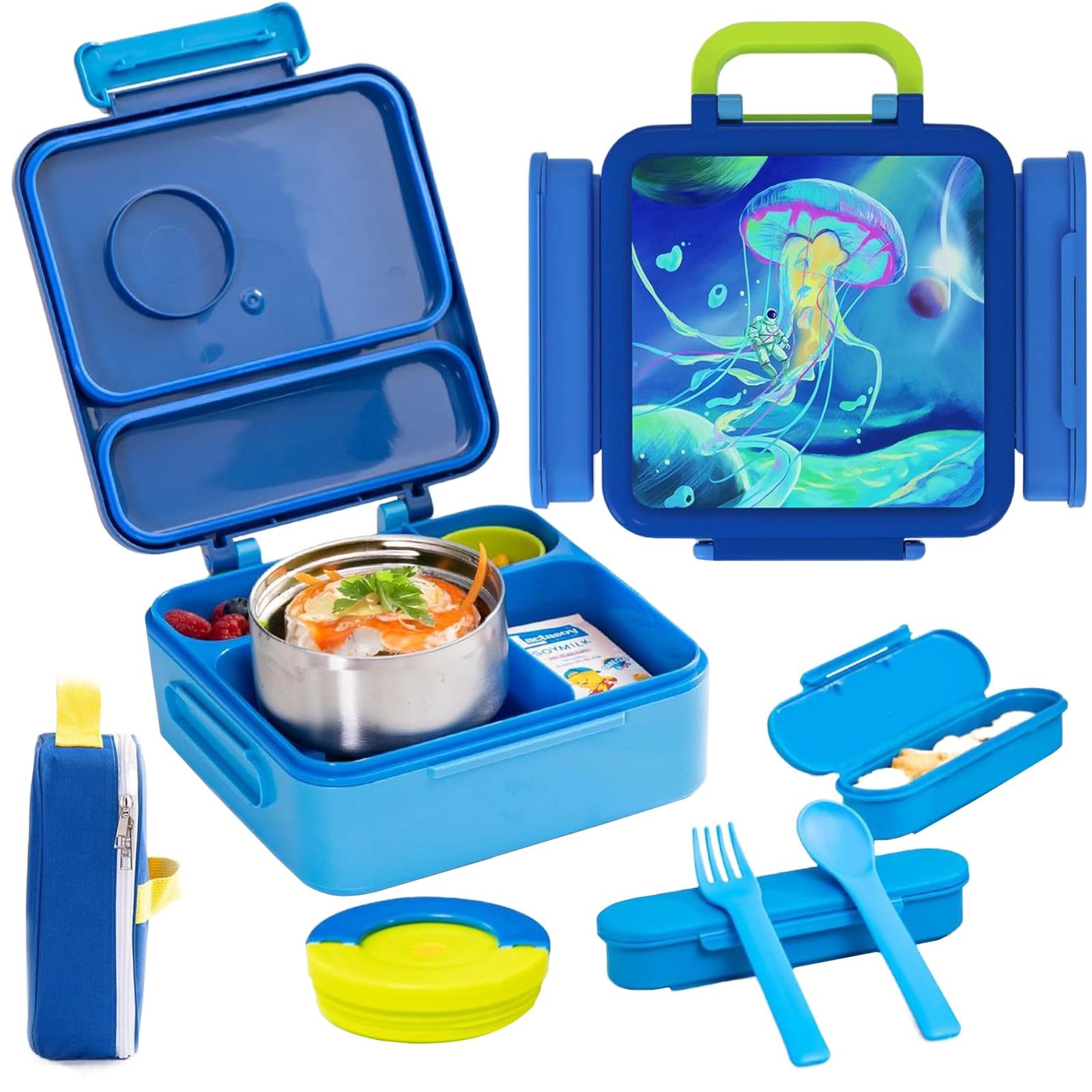 

Ланч-бокс Bento с защитой от протечек, контейнер для ланча с изолированной банкой для еды, 2 отделения, посуда для детей, подростков, малышей, без бисфенола А, можно мыть в посудомоечной машине One Size синий
