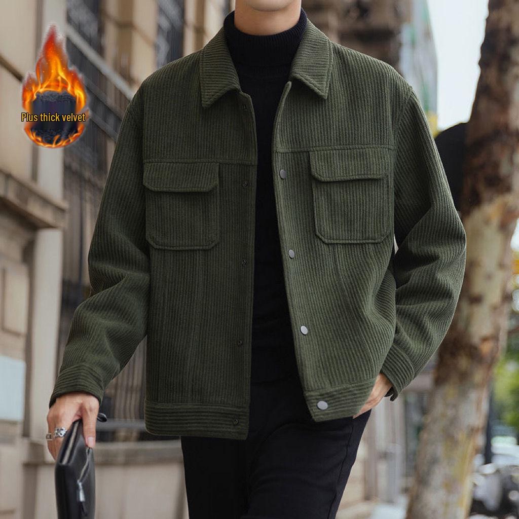 2025 Men's Versatile Fleece-Lined Top Coat - Casual Loose Fit, Turn-Down Collar, Autumn/Winter Workwear