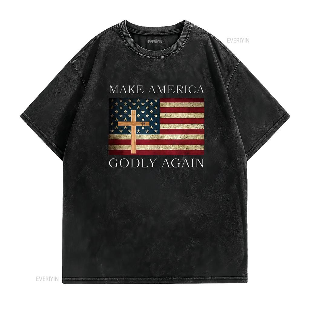Make America Godly Again American Flag Cross Jesus T Shirt vintage Washed fashion streetwear Slightly homme Breathable