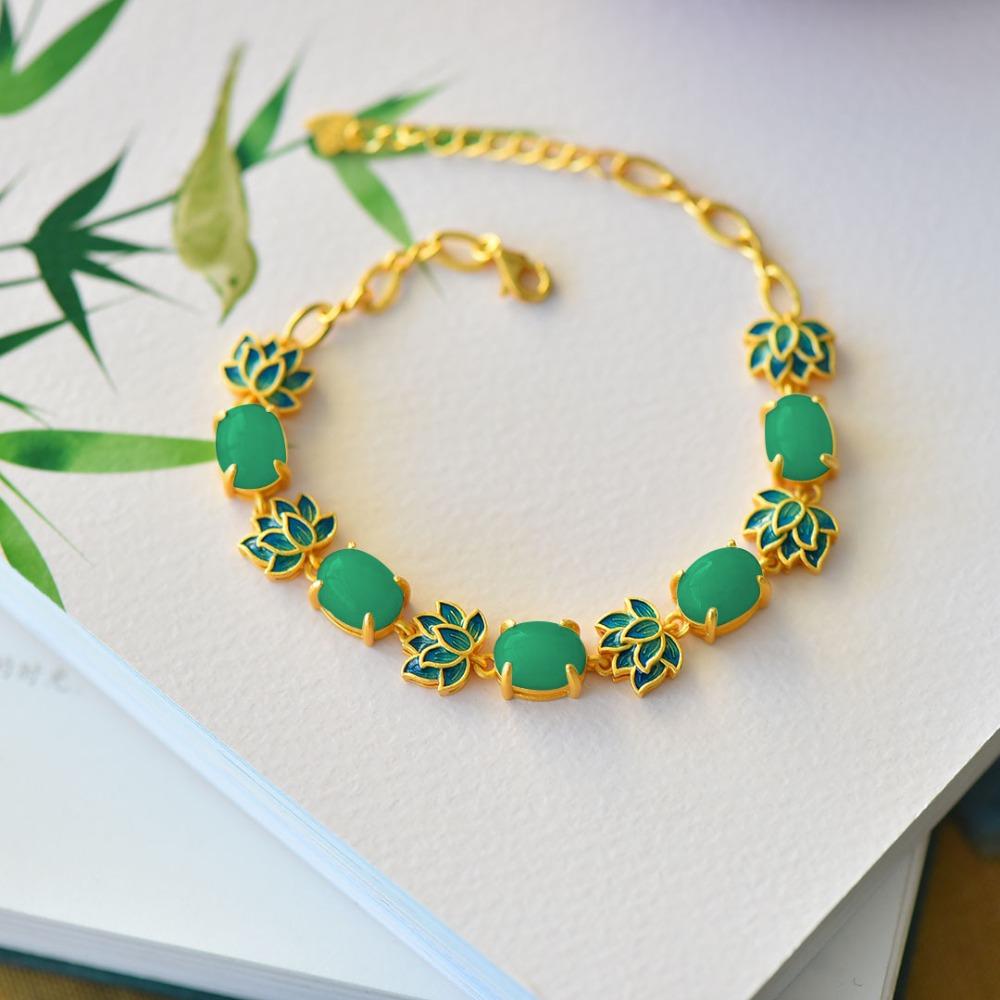 

Vintage Handmade Bracelet with Faux Hetian Jade Lotus Enamel Thick Sandblasted Gold Plated Women Fashion Jewelry