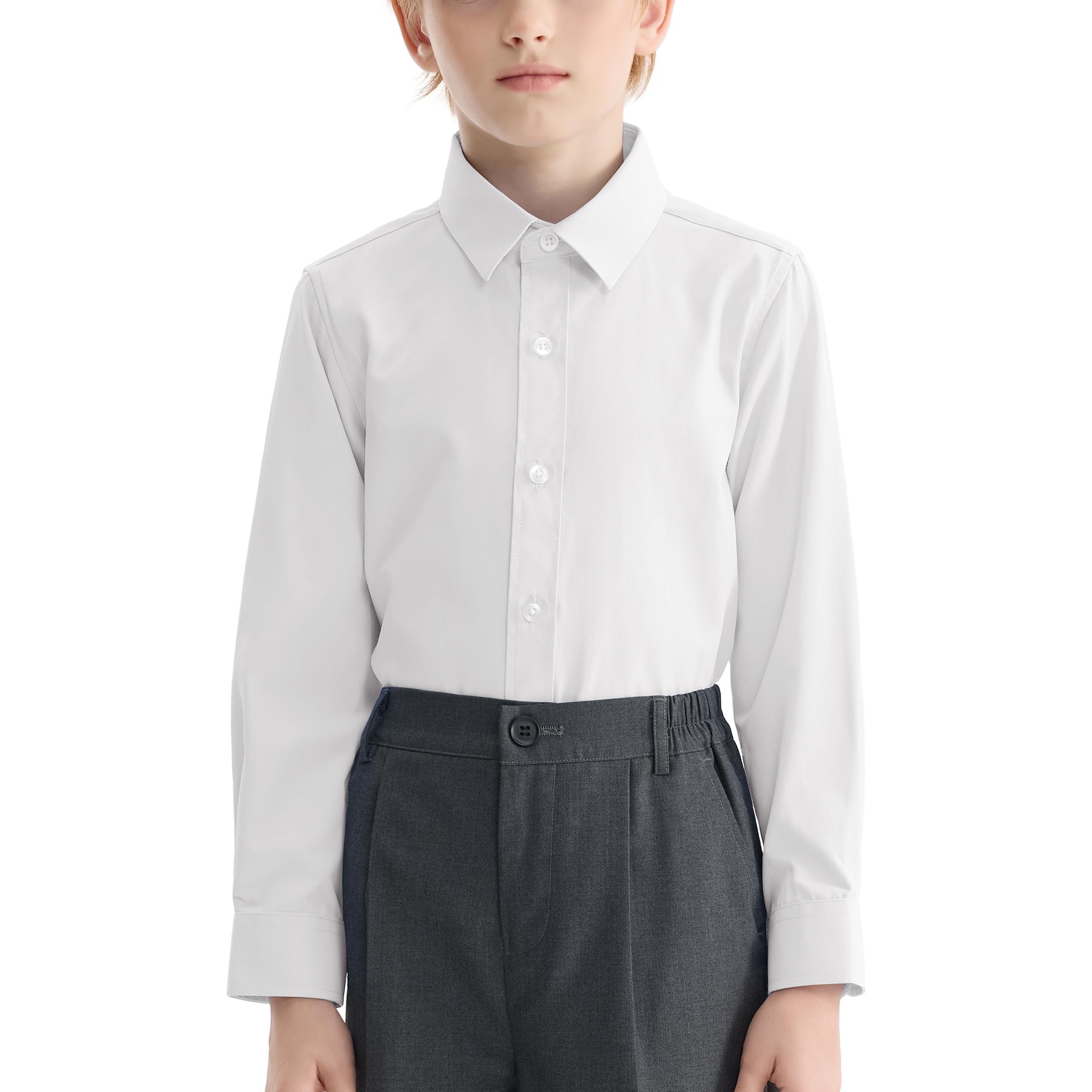

LOLANTA Kids Boys Formal Dress Shirt, Long Sleeve, School Shirt, Boys Dress Shirt, Uniform Blouse, Solid Color, No Pockets, White, Size 150