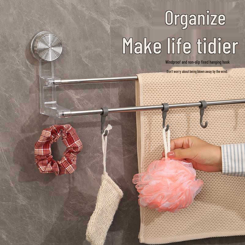 Retractable No-Drill Suction Cup Towel Rack and Hook for Bathroom Storage