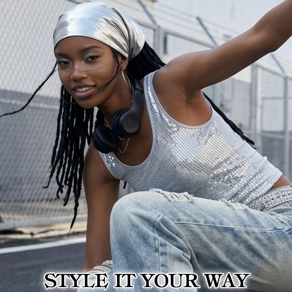 Retro Metallic Shiny Head Scarf Blingbling Style Punk Head Scarf Triangle Head Scarf  For Women