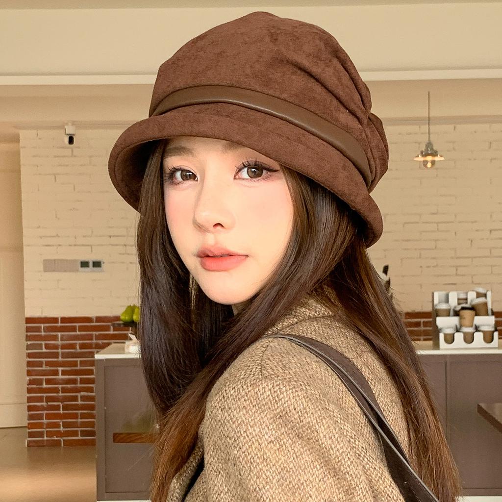 Korean Style Vintage Pleated Wide Brim Fisherman Hat For Women Autumn Fashionable Versatile