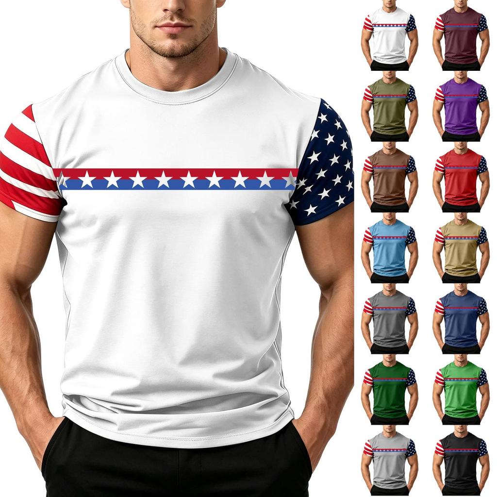 Men's Casual Short Sleeve T Shirt Loose Fit Crew Neck Lightweight Summer Daily Wear Tee with Flag Pattern Sleeve Design