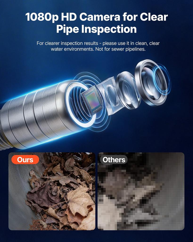 2026 Upgraded Sewer Camera with WiFi, 30m Drain Pipeline Camera, IP68 Snake Plumbing Cameras with Light- 12 LEDS, Wireless WiFi Connectivity to
