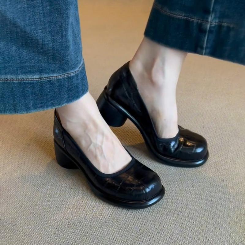 Sheepskin version~ retro shallow leather single shoes women's round head thick heel one pedal Mary Jane shoes small leather shoes