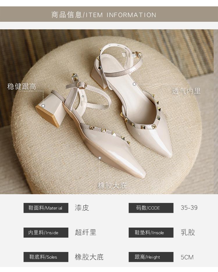 High Heels Women's Summer 2025 New French Bag Head Rivets Shallow Thick Heel Pointed Head Versatile Fashion Sandals Women