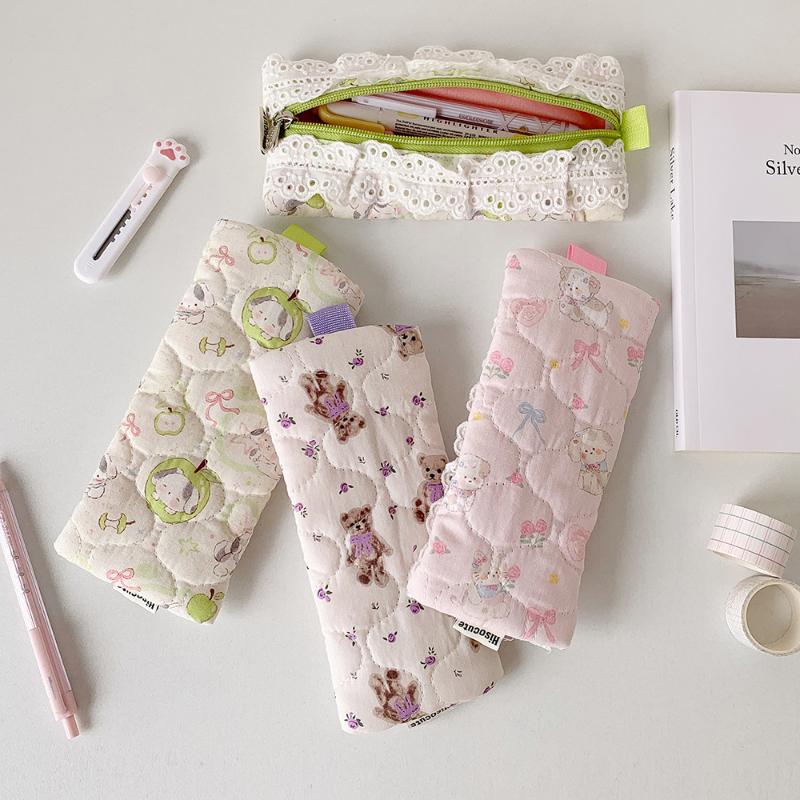 Cute Lace Cartoon Pencil Pouch Large Capacity Cosmetic Bag Pet Dog Pattern Pen Case Makeup Bag Stationery Storage Bag