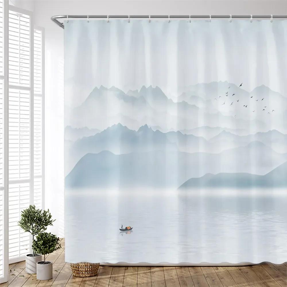 3D Chinese Painting Shower Curtain Aesthetic Abstract Creative Ink Landscape Scenery Bathroom Decor Bath Curtain Set with Hook