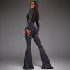 Modischer, sexy, kurzer Reißverschluss, Oberteil mit hoher Taille, bauchbetonender Hose, Schlaghose, passendes Set für Damen
