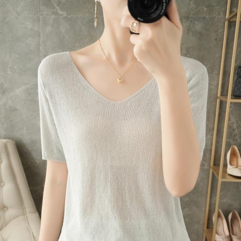 V-neck Sweater Thin Short-sleeved Women's Summer Loose Versatile T-shirt Close-fitting Comfortable Top